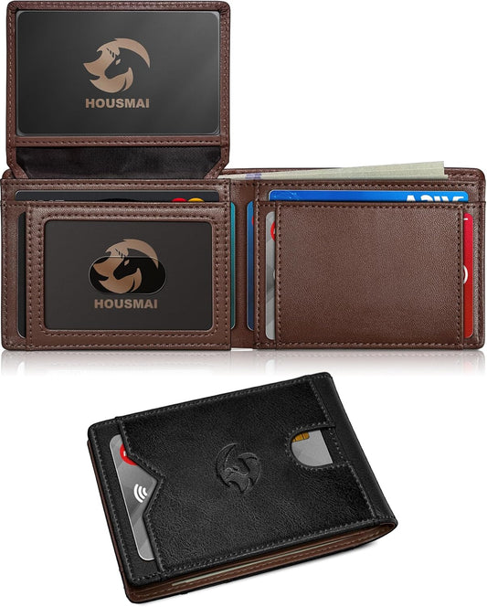 Wallet for Men Wallet with Cash Pocket 2 ID Window 13 Cards,Slim Leather Wallet Front Pocket Card Holder RFID Blocking with Gift Box