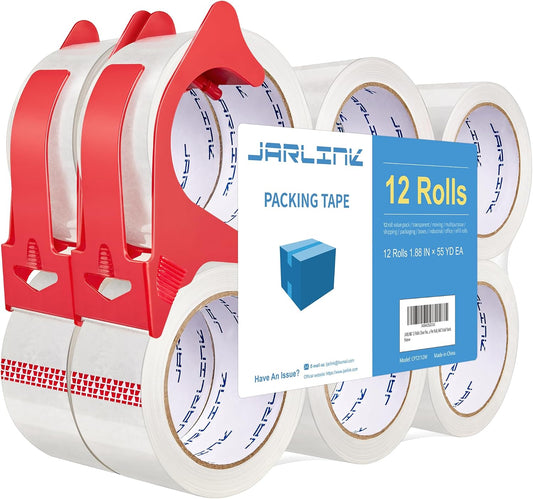 JARLINK 12 Rolls Clear Packing Tape with 2 Dispensers, Heavy Duty Packaging Tape Refills for Shipping Packaging Mailing, 2.7mil Thick, 1.88 inches Wide, 55 Yards Per Roll, 660 Total Yards