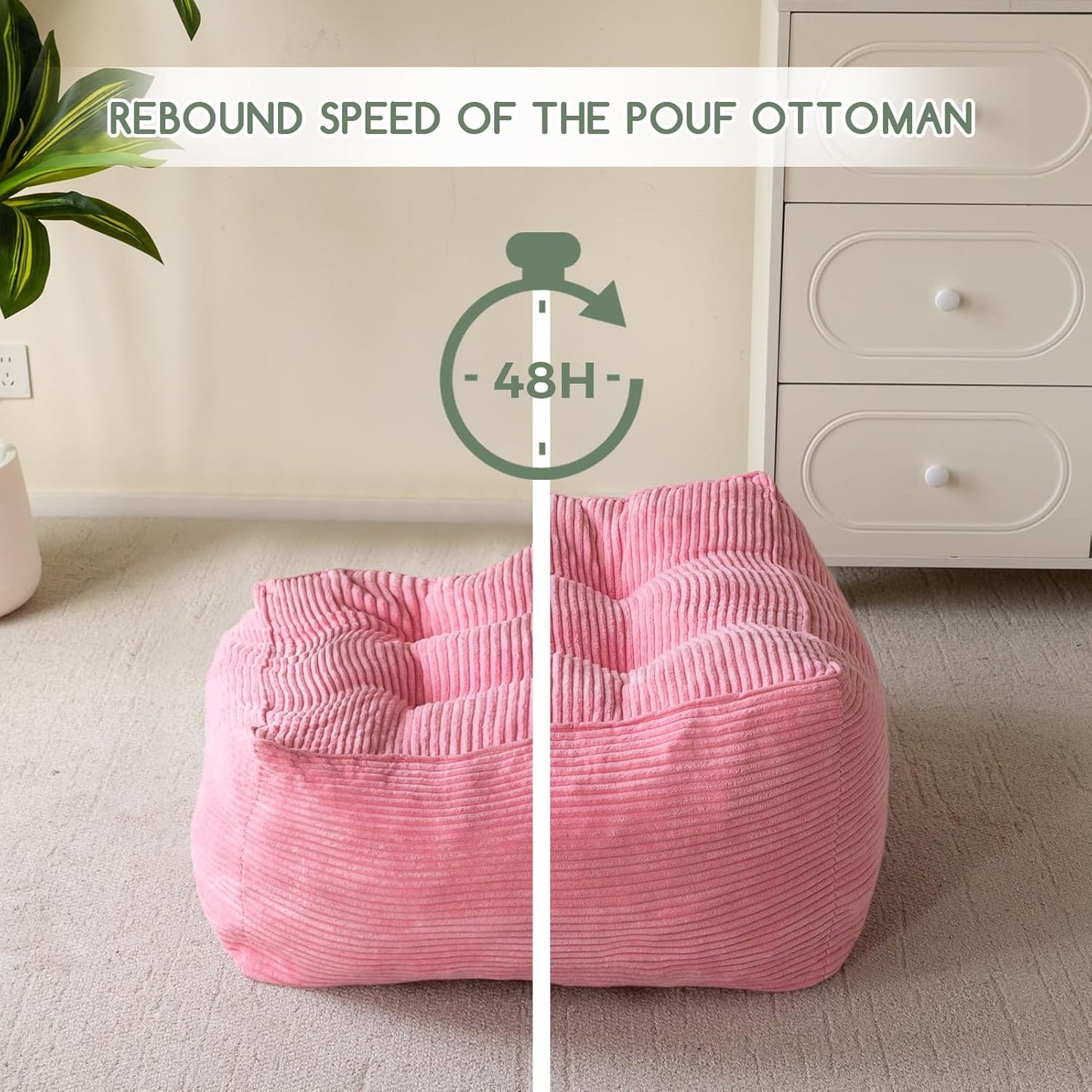 HIGOGOGO Square Stuffed Pouf Ottoman, Corduroy Poufs with Foam Chunk Filling, Furry and Fluffy Pouf Foot Stool Storage Ottoman, 25.6 X 25.6 Floor Poufs Foot Rest for Living Room, Pink