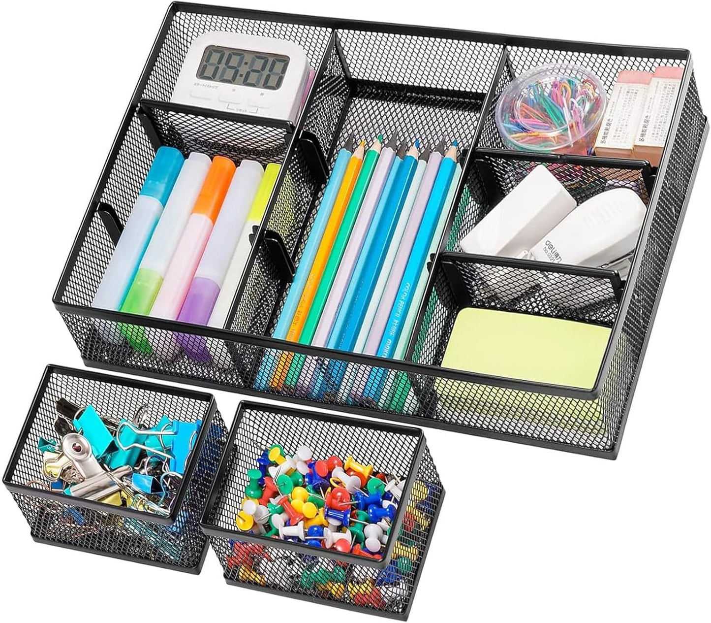 Marbrasse 3 Packs Desk Drawer Organizers, Metal Mesh Dividers Desk Drawer Organizer Tray with 9 Adjustable Compartments, Pen Organizer for Drawer Tray Box Accessories for Desktop,Kitchen, Makeup