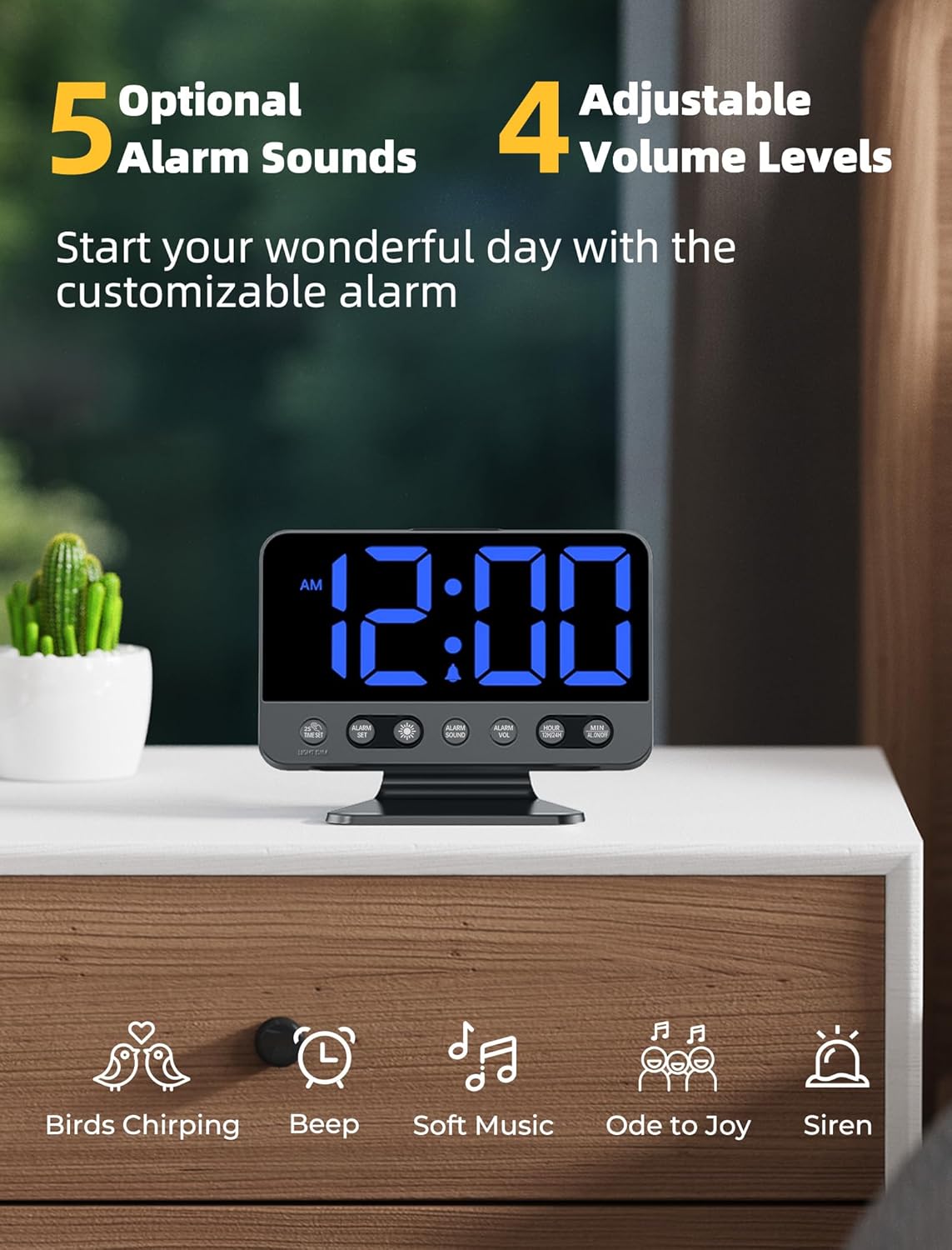 Digital Alarm Clocks for Bedrooms: Large Bold Number 5 Brightness Dimmer - Easy to Read Across The Room - 5 Alarm Sound 8 Night Light - Black