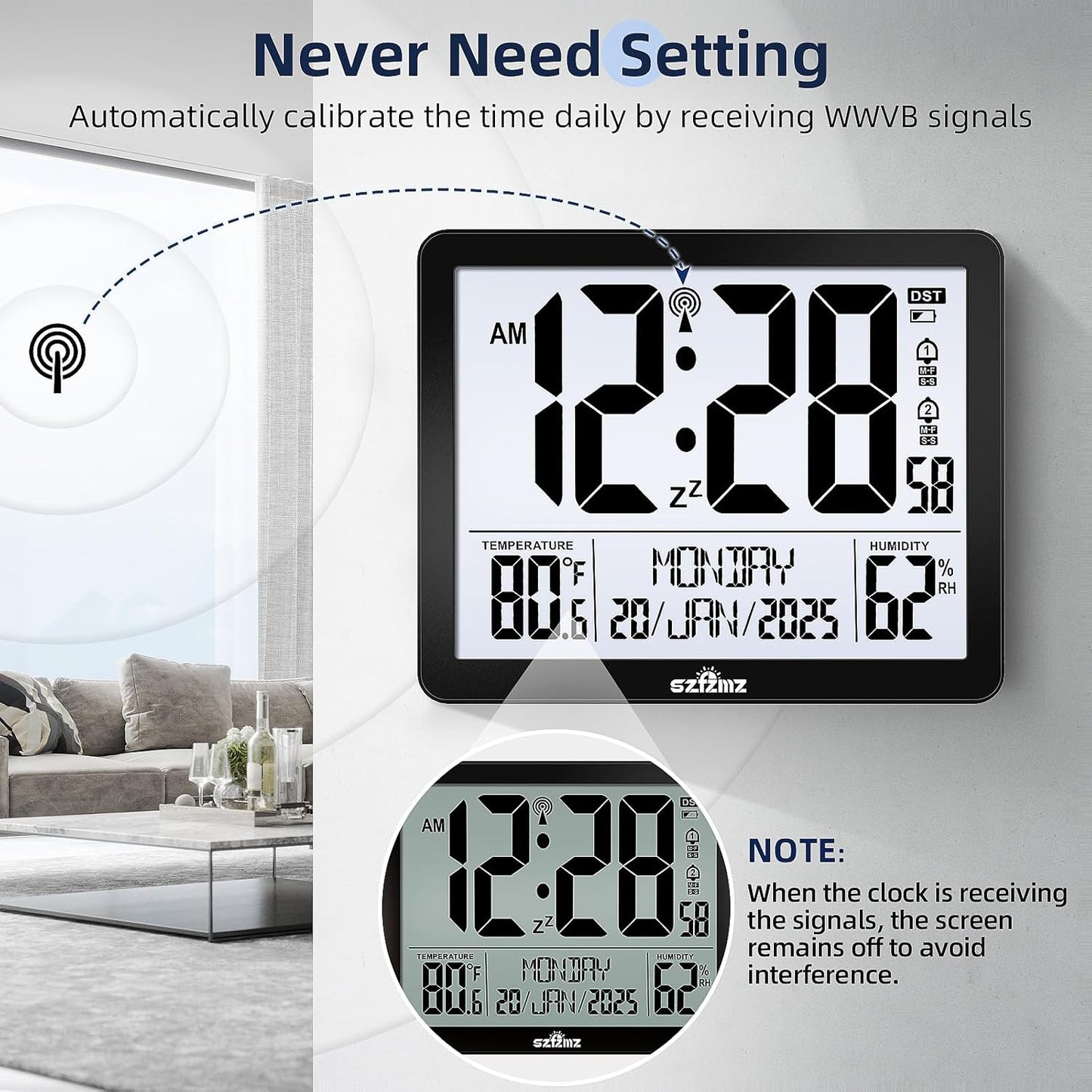 Atomic Digital Wall Clock Battery Operated with Backlight, Desk Clocks with Indoor Temperature & Humidity, 8.5" Small Alarm Clock with Date and Day of Week for Bedrooms, Living Room, Auto DST, Black