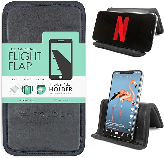 Folden Airplane Phone Holder, Flexible Cell Phone Holder, Folding Cellphone Stand for Desk, Bed, Office, Treadmill - Airplane Gadgets for Long Travel Accessories - Plane Essentials (Vegan Leather)