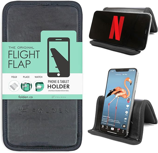 Folden Airplane Phone Holder, Flexible Cell Phone Holder, Folding Cellphone Stand for Desk, Bed, Office, Treadmill - Airplane Gadgets for Long Travel Accessories - Plane Essentials (Vegan Leather)