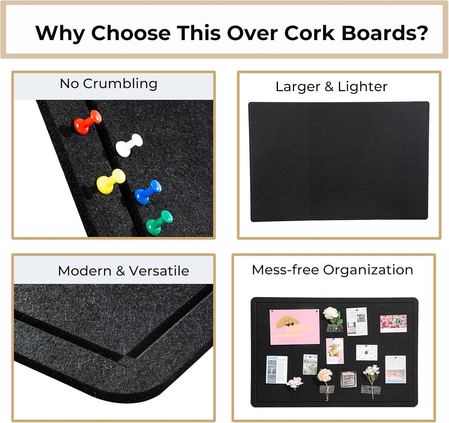 48"x36" Large Bulletin Board for Wall | Foldable Felt Notice Board with 30 Push Pins | Self-Adhesive Message Board for Office, Home & Classroom Decor (Black)