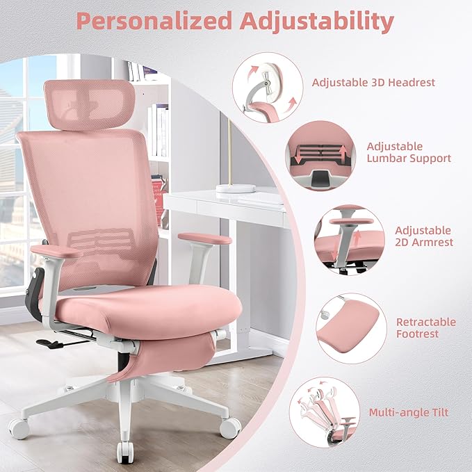 Foldable Office Chair with Foot Rest, Ergonomic Office Chair with Adjustable Lumbar Support, Headrest, Armrest, Home Office Desk Chair for Space Saving, Work from Home, Pink
