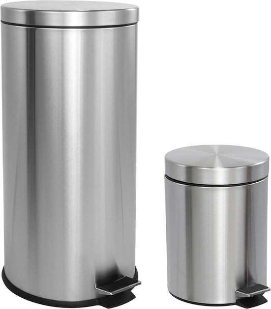 happimess HPM1000A Oscar 8-Gallon Step-Open Trash Can with Free Mini Trash Can, Modern, Fingerprint Proof for Home, Kitchen, Office, Large:7.9 Gallon Small:1.3 Gallon, Stainless Steel