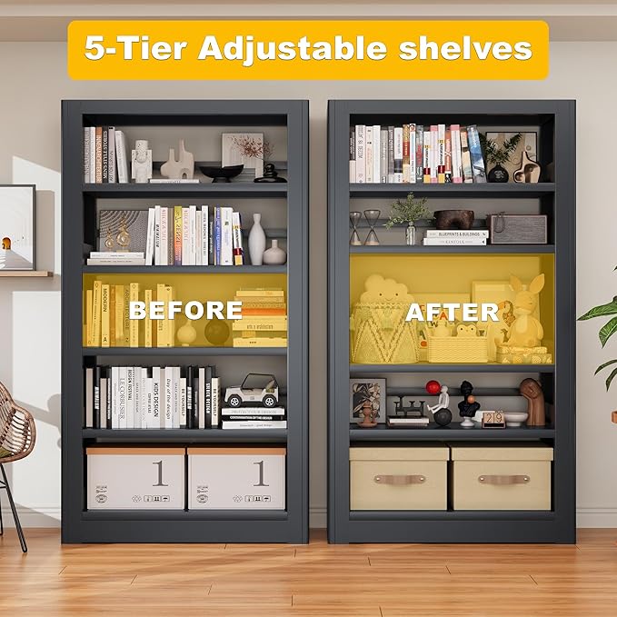 Bookshelves And Bookcases, 36" Wide Office Hard Cover Books Bookshelf, Black 5 Shelf Metal Bookcase, 69" Tall Industrial Sturdy Open Bookshelf for Living Room, Library, School, Bedroom, Kitchen