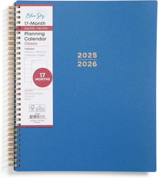 Blue Sky 2025-2026 Academic Year Weekly and Monthly Planner Calendar, August 2025 - December 2026, 17-Month, 8.5" x 11", Flexible Cover, Wirebound, Laminated Tabs, Azure