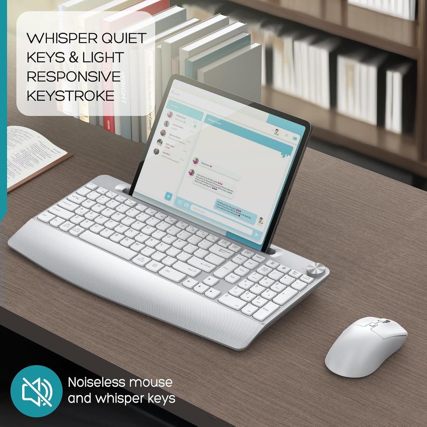 Wireless Keyboard and Mouse - Full-Sized Ergonomic Keyboard with Wrist Rest, Phone Holder, Volume Knob,2.4GHz Silent Cordless Keyboard Mouse Combo for Computer, Laptop, PC, Mac, Windows -White