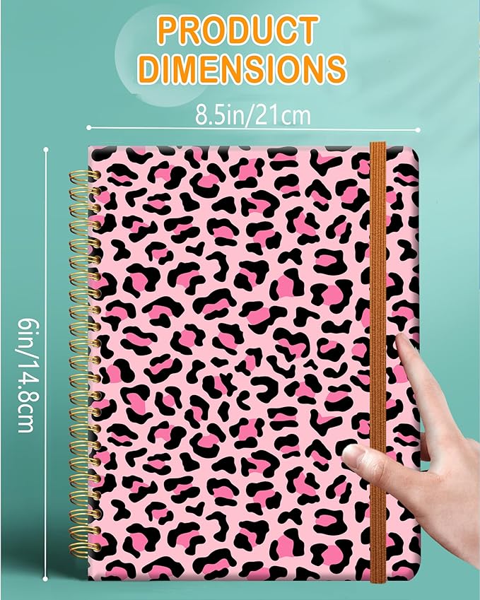 Ruled Spiral Writing Notebook,A5 Hardcover Lined College Journal for Women Lady,Fashion Puppy Watercolor Strong Twin-Wire Binding with Premium Paper,8.4" X 6",Perfect for School,Office,Home Gifts(Pink Leopard)