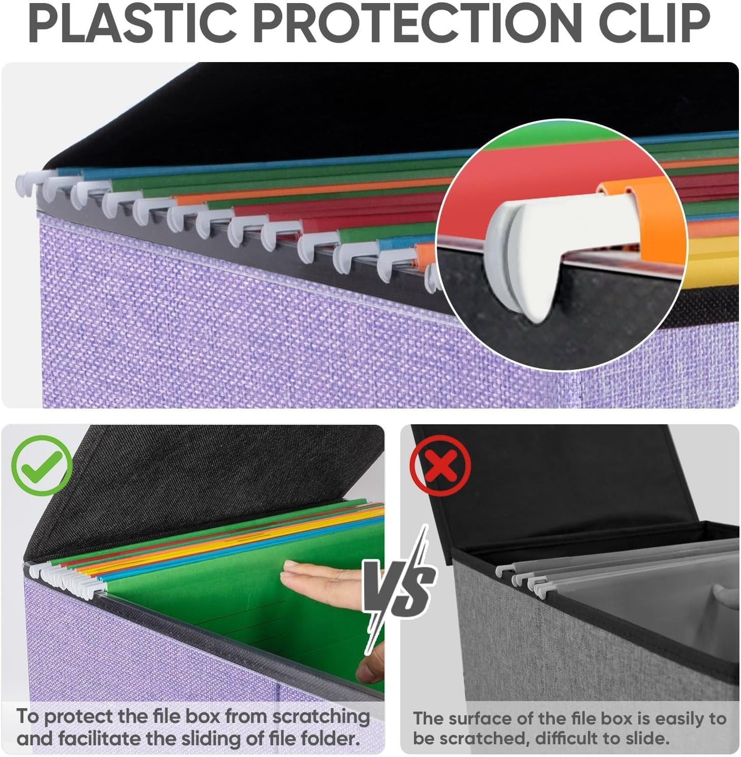 BALEINE File Organizer Box with Lid, Collapsible File Folder Organizer with Plastic Slide, Hanging File Folder Box for Office Document Storage (2 Pack, Purple)