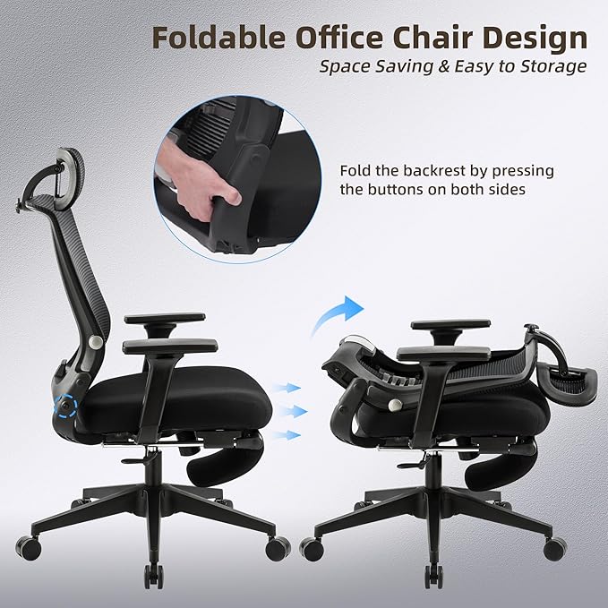 Foldable Office Chair with Foot Rest, Ergonomic Office Chair with Adjustable Lumbar Support, Headrest, Armrest, Home Office Desk Chairs for Space Saving, Work from Home, Black