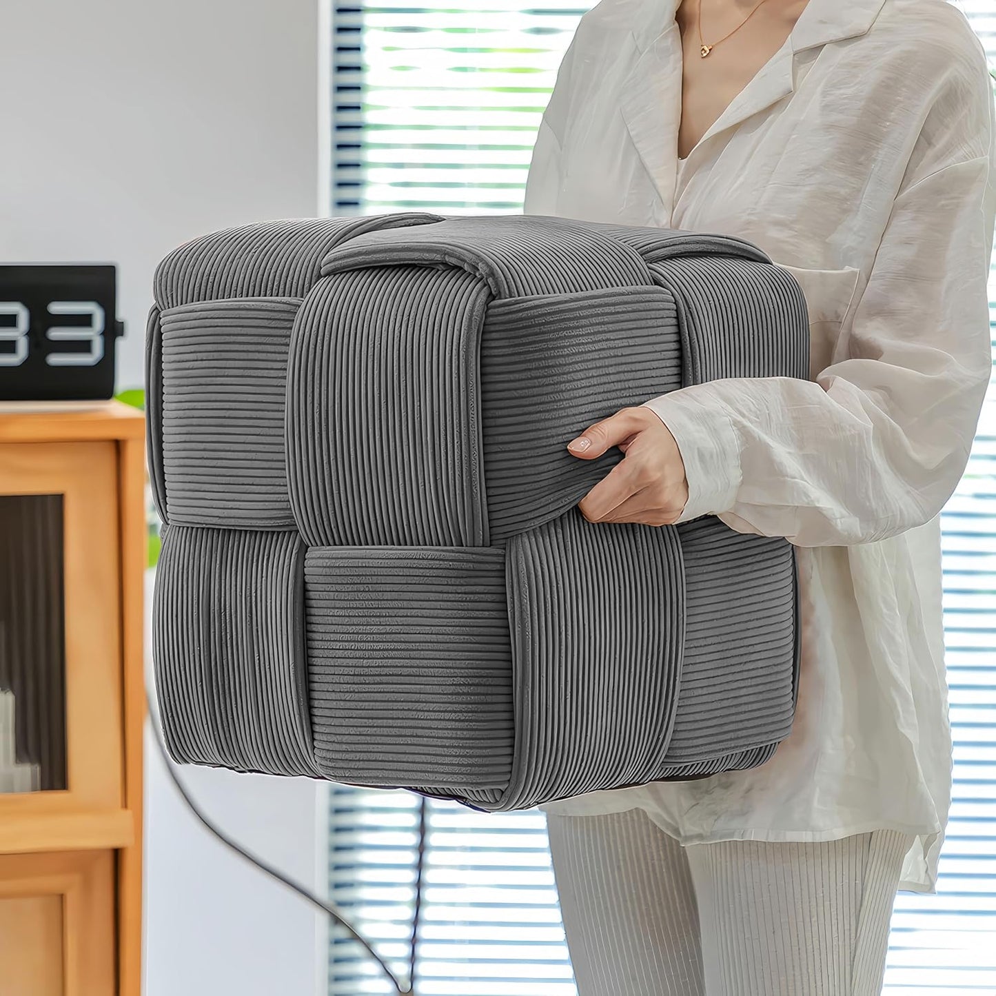 Ottoman Foot Rest Soft and Comfortable Ottoman Square Corduroy Woven Design Sofa Stool (Grey)