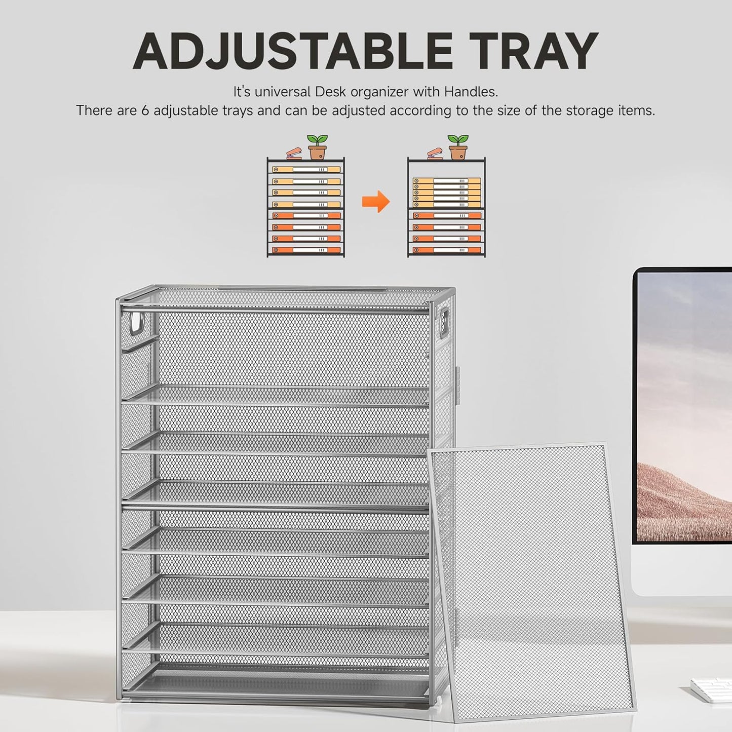 SUBEKYU 9 Tier Paper Organizer for Desk - Metal Mesh Letter Tray File Paper Sorter Organizer Include 6 Pcs Adjustable Height Slid Tray with Handles for Office School Home Organization Storage, Silver