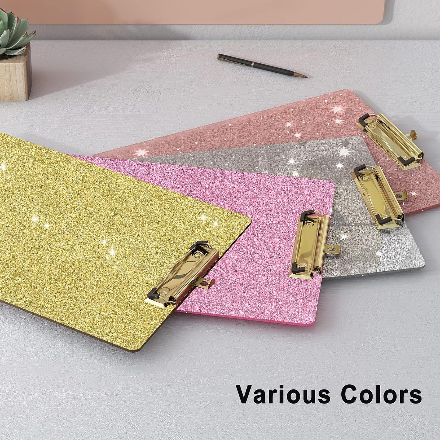 Glitter Acrylic Clipboard Decorative Standard A4 Letter Size 12.2" x 8.7", Fashion Bling Clip Boards with Designed Low Profile Gold Clip for Classroom Office - Warm Pink