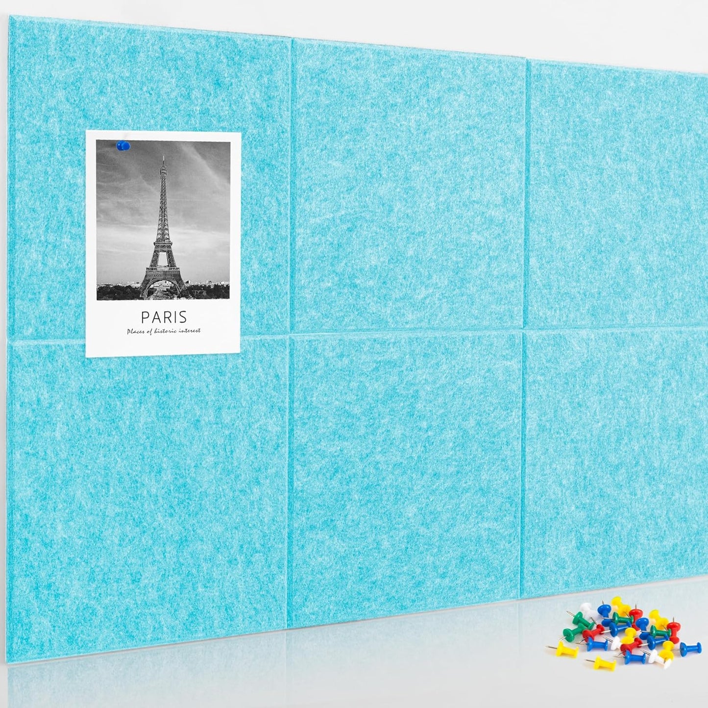 AKTOP Cork Board Bulletin Board 24"x36", 6 Pack Removable Felt Cork Board Tiles for Wall, Large Corkboard Notice Pin Board for Office, School & Home,24 Safe Adhesive Tabs, 20 Push Pins, Baby Blue