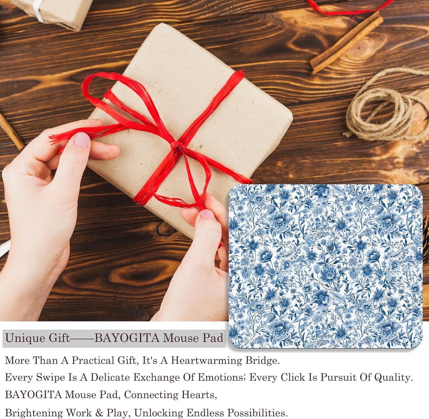 Chinoiserie Floral Mouse Pad - Blue and White Porcelain Floral Mousepad, Blue Chinoiserie Office Mouse Pads, Chinoiserie Decor, Coworker Gifts, Gifts for Employees, 9.5x8 Inches