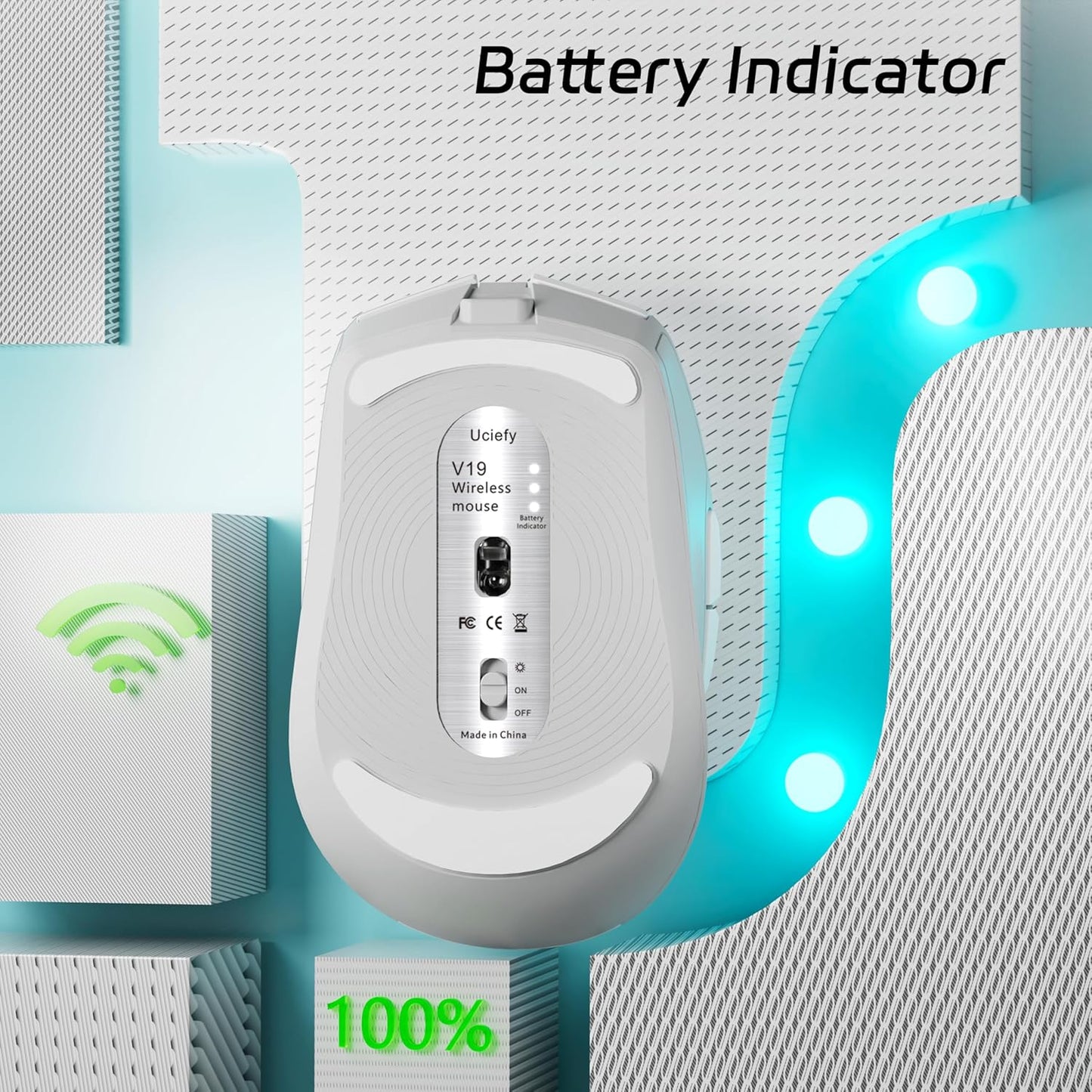 Uciefy V19 Wireless Mouse, 2.4GHz Rechargeable Mouse LED with Battery Indicator, Magnetic Computer Mice with USB Receiver & Type-C Adapter for Laptop/PC/Mac/Chromebook-White