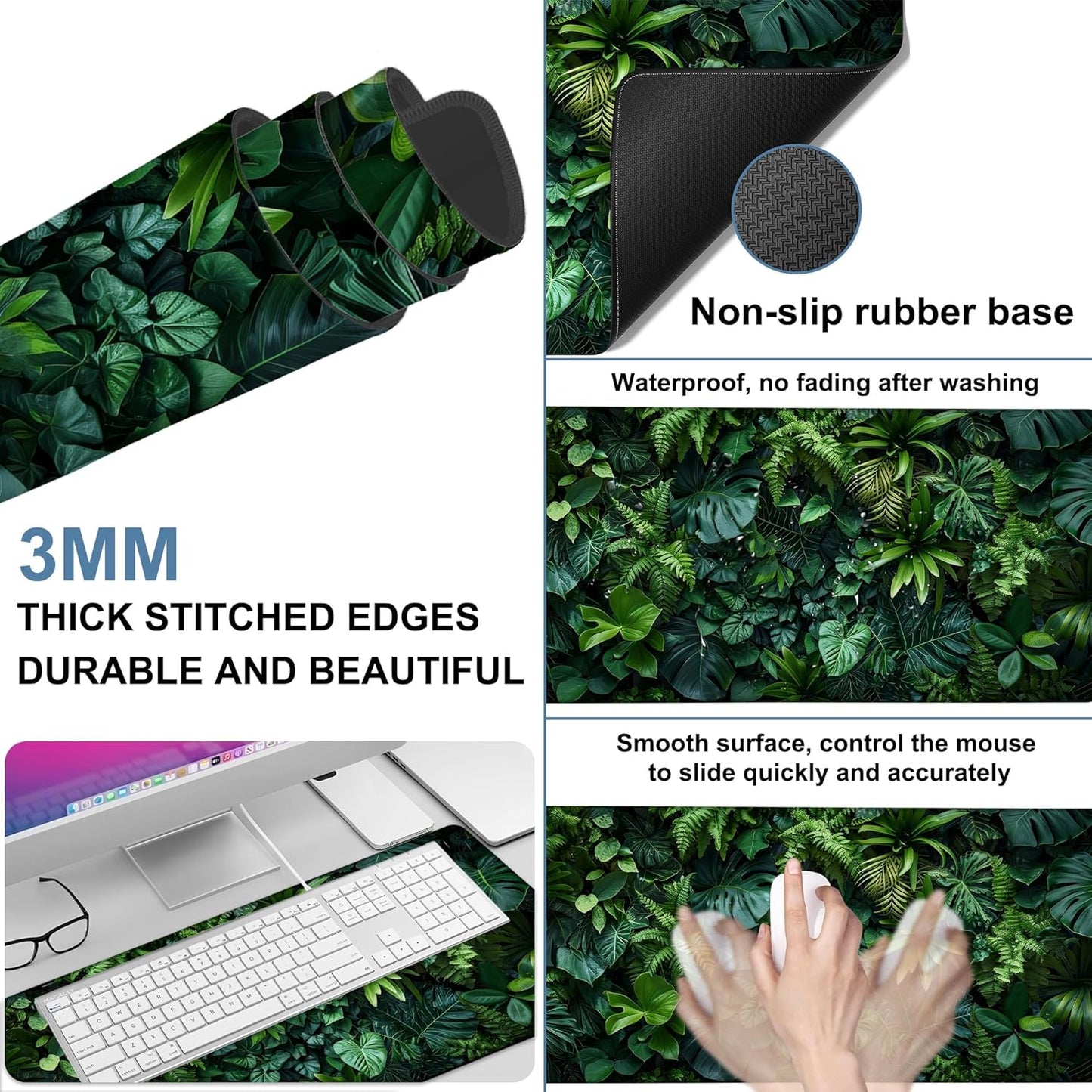 Large Mouse Pad Monstera Leaf Gaming Desk Pad Computer Keyboard Non-Slip Waterproof Mouse Mat with Rubber Base and Stitched Edges Entertainment Office Writing Desk Mat 35.4 x 15.7 Inches