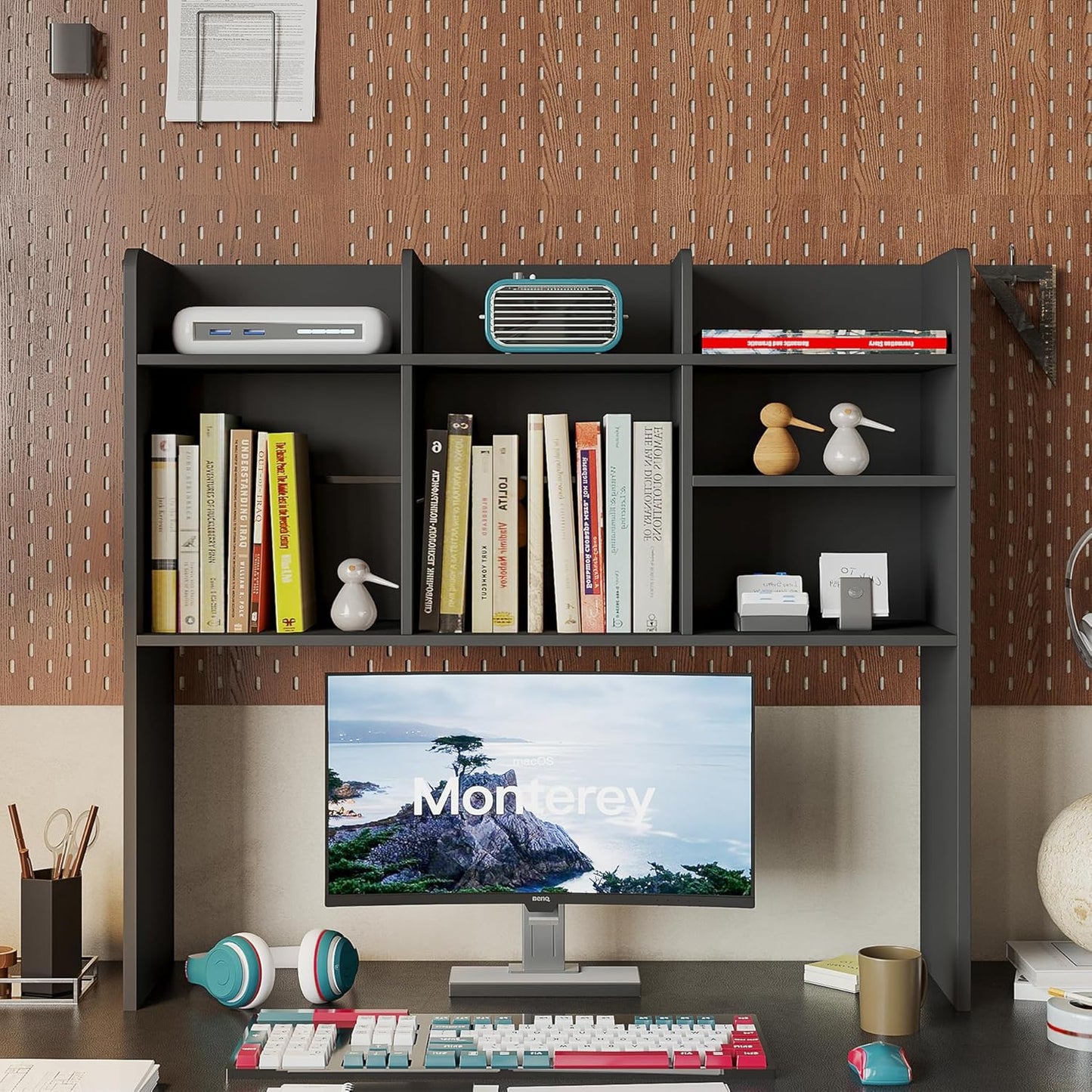 ChooChoo Desktop Bookshelf, Wood Desk Hutch Organizer with 7 Shelves for Computer Desk, Desktop Shelf Bookshelf Storage for College Dorm Office Home, Black