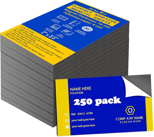 Business Card Magnets Peel and Stick 250 Pack - 2" x 3.5 Magnetic Sheets with Adhesive Backing for Crafts, DIY - Strong Craft Flexible Self Sticky Magnet Set for School Classroom, Fridge, Photo, Cards