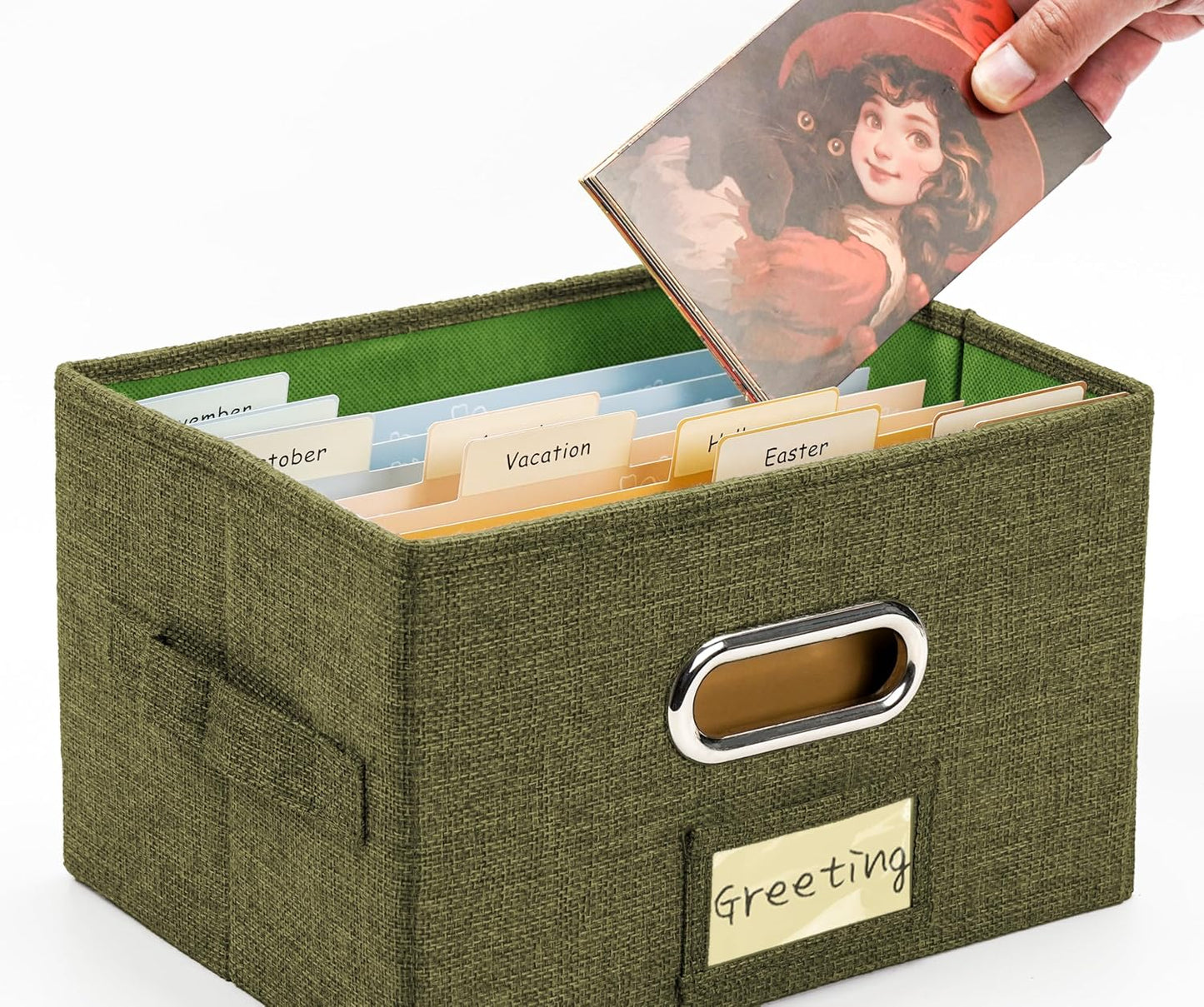 Greeting Card Organizer and Storage Box with 40 Pcs Adjustable Dividers, Storing Cards with 168 Pcs Labels Perfect for Storing Greeting Cards, Envelopes, Photos 2 Pack Olive Green
