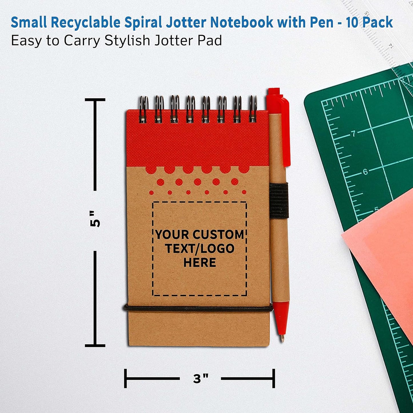 DISCOUNT PROMOS 10 Recyclable Spiral Small Notebooks Pack - Customizable Text, Logo - 60 Lined Pages - Red