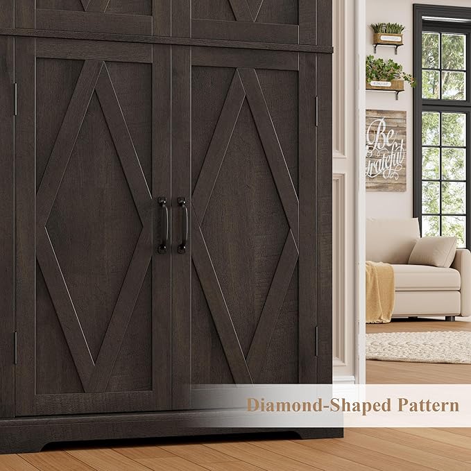 HOSTACK 64" Tall Pantry Cabinet, Modern Farmhouse Kitchen Pantry, Wood Bathroom Storage Cabinet, Large Bookcase, 4 Doors|Adjustable Shelves, for Dining Room, Living Room, Home Office, Dark Brown