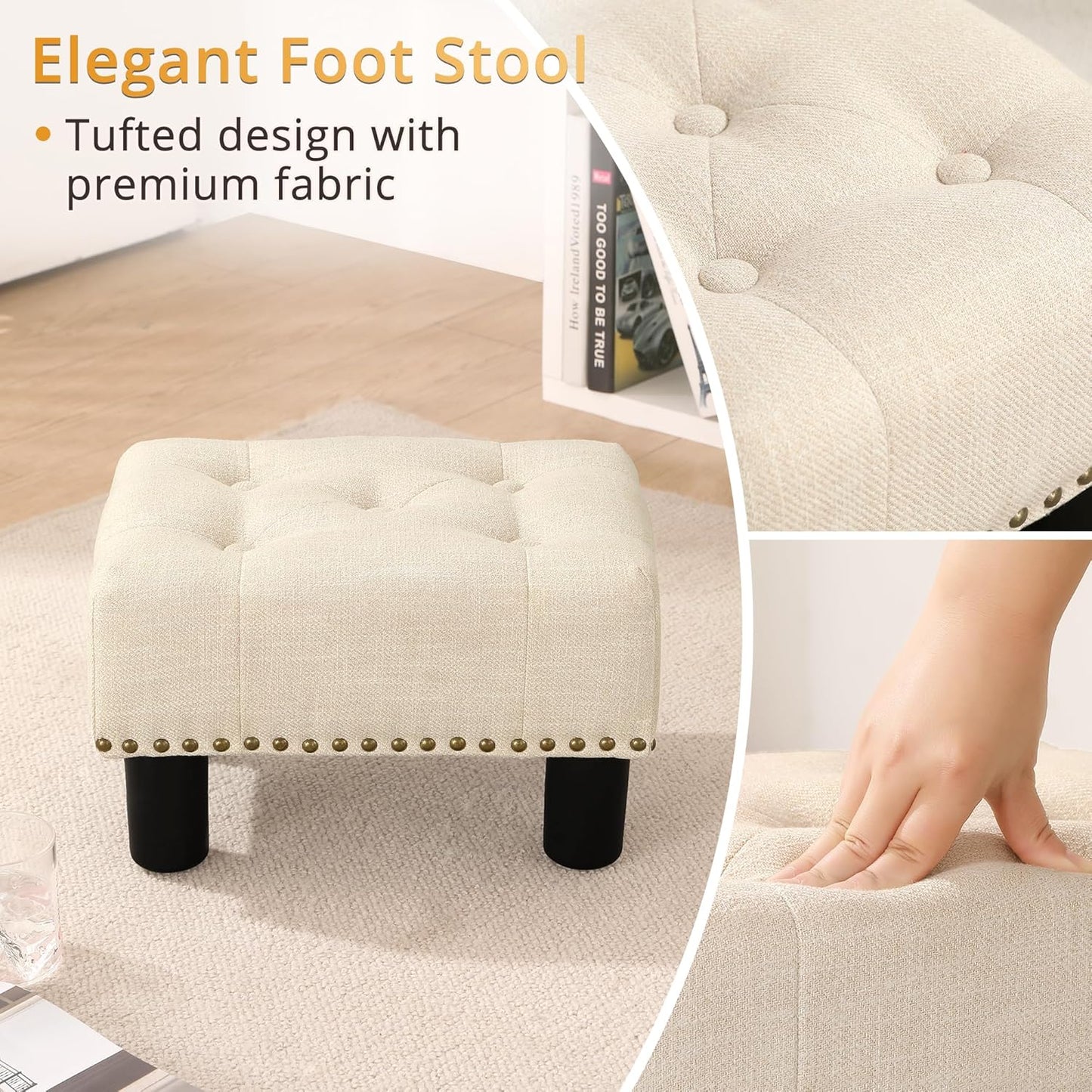 LUE BONA Small Tufted Foot Stool, Beige Linen Rivet Tufted Footrest with Plastic Legs, 9''H, Rectangle Foot Stools for Adult with Non-Slip Pads, Sofa Footstool for Living Room, Couch