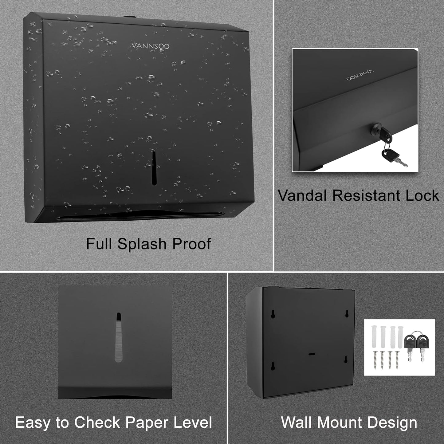 Commercial Paper Towel Dispenser Wall Mount, Tri-fold/Multi-fold/C-Fold Stainless Steel Paper Towel Holder Hand Towel Dispenser with Key (Black)