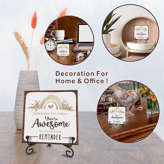 Boho Rainbow Wooden Sign -You Are Awesome Positive Reminder Motivational Wood Plaque With A Support Frame - Home & Office Inspirational Gifts For Women And Man, Desk Decor & Accessories - A13