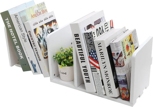 MyGift White Wood Desktop Bookshelf Organizer, Expandable Adjustable Display Shelf Book Rack