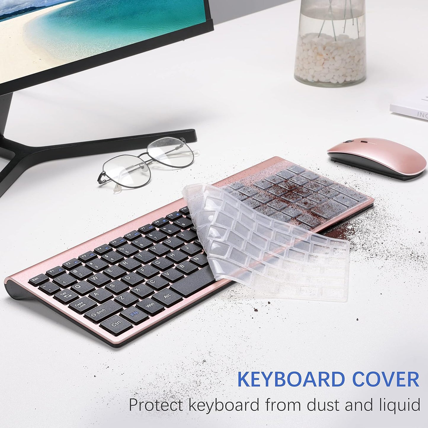 Wireless Keyboard and Mouse Ultra Slim Combo, TopMate 2.4G Silent Compact USB 2400DPI Mouse and Scissor Switch Keyboard Set with Cover, 2 AA & 2 AAA Batteries,for PC/Laptop/Windows/Mac-Rose Gold Black