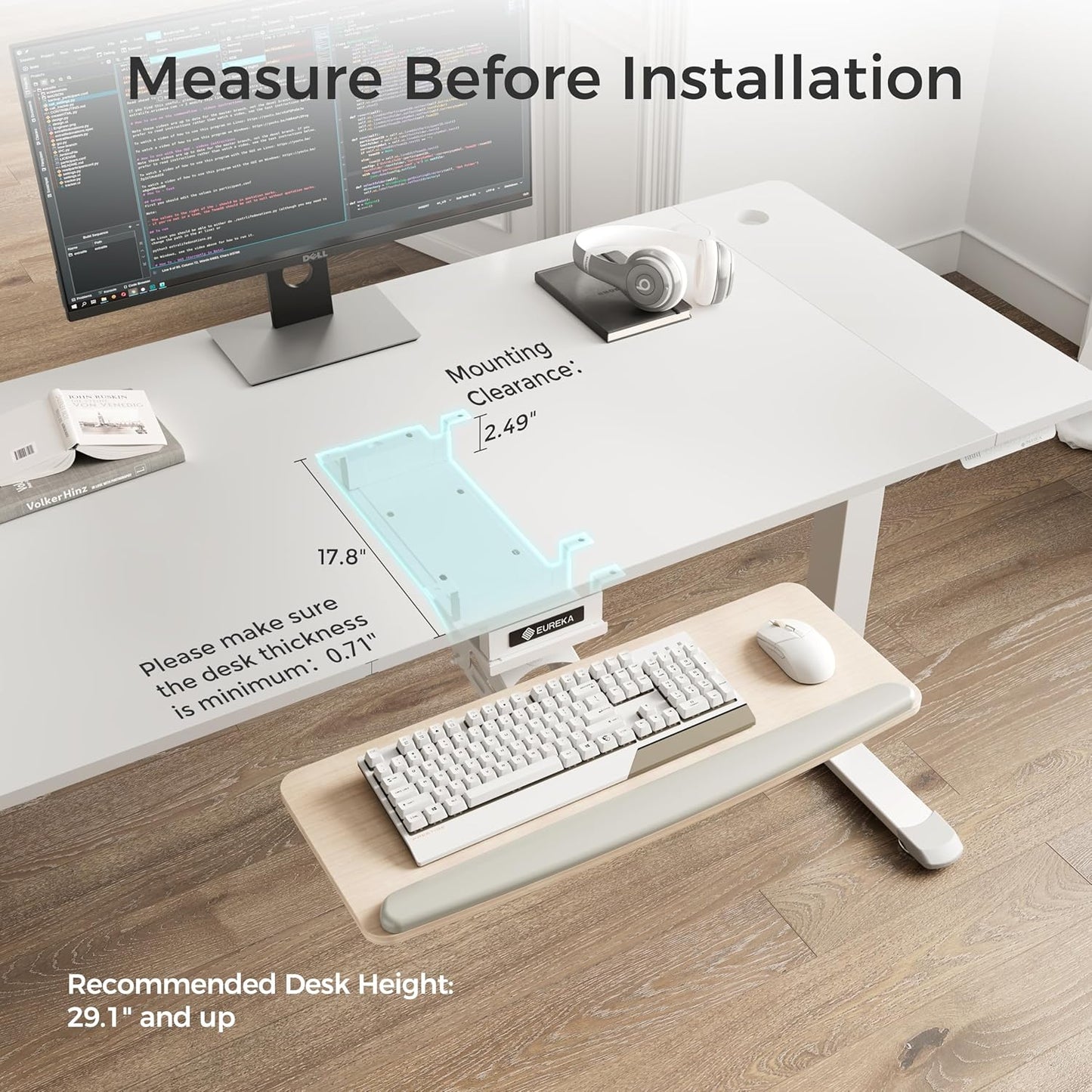 EUREKA ERGONOMIC Keyboard Tray Height Adjustable, Swivel Tilt Computer Keyboard Drawer Under Desk, 25x9.13'' Sliding Keyboard & Mouse Platform with Mouse Pad for Typing, Maple