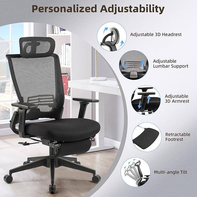 Foldable Office Chair with Foot Rest, Ergonomic Office Chair with Adjustable Lumbar Support, Headrest, Armrest, Home Office Desk Chairs for Space Saving, Work from Home, Black