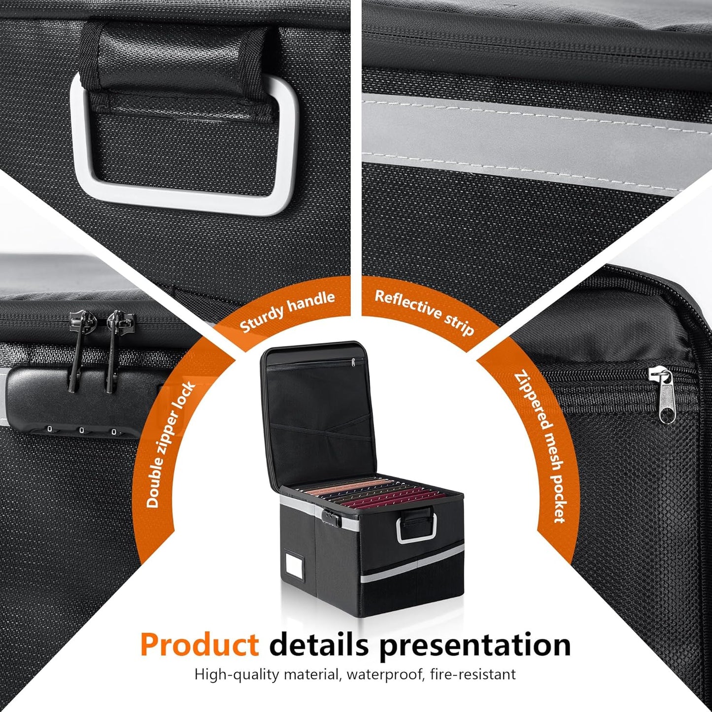 Fireproof Document Box,Portable File Organizer with Lock,Water-Resistant Document Organizer Collapsible File Cabinets for Home Office Safe Storage Box for Hanging Letter/Legal Folders-Black