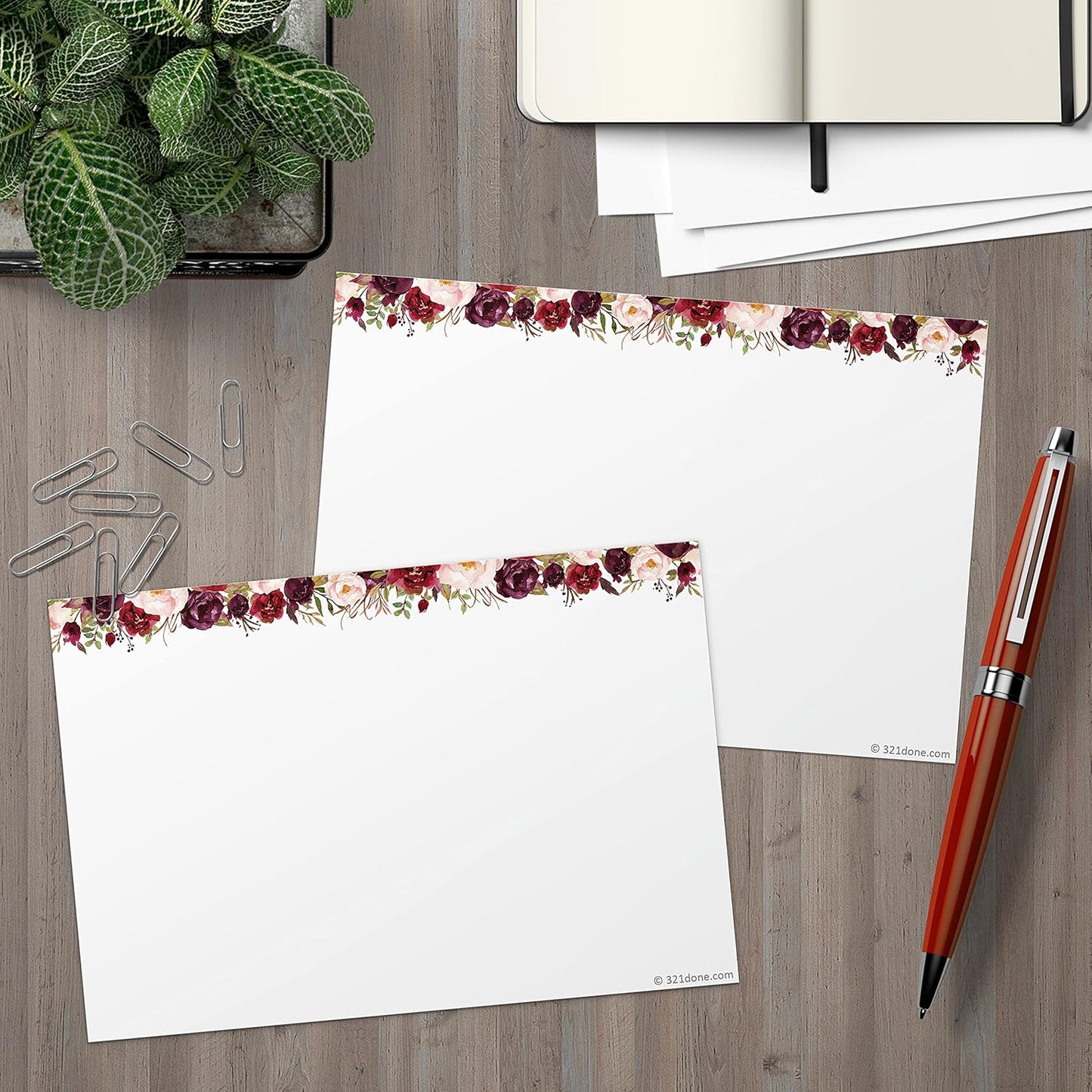 321Done Index Cards with Red Roses Floral Design - (50) 4x6 White Cards - Blank, No Lines - For Studying, Learning, Notes, Messages, Notecards, Crafts & Card Making - Pretty, Cute - Made in USA
