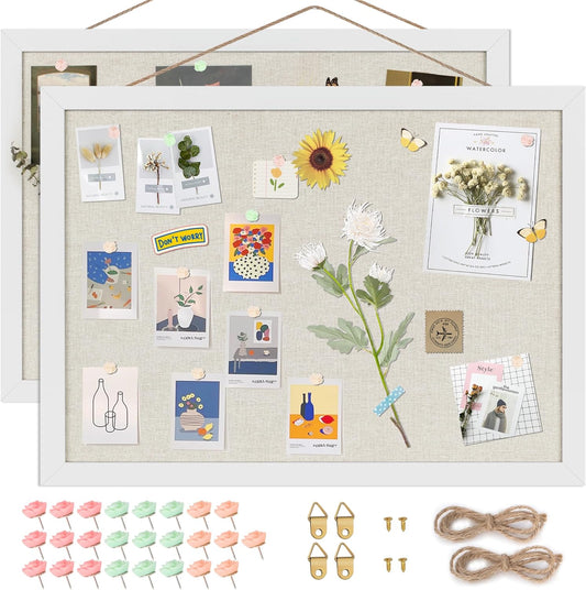 Cork Board Bulletin Board 16.7" x 11", 2-Pack Small Linen Corkboards with Frame for Walls, Cute Picture Display Pin Board Vision Board for Room School Office Bedroom 25 Pushpins Vintage White