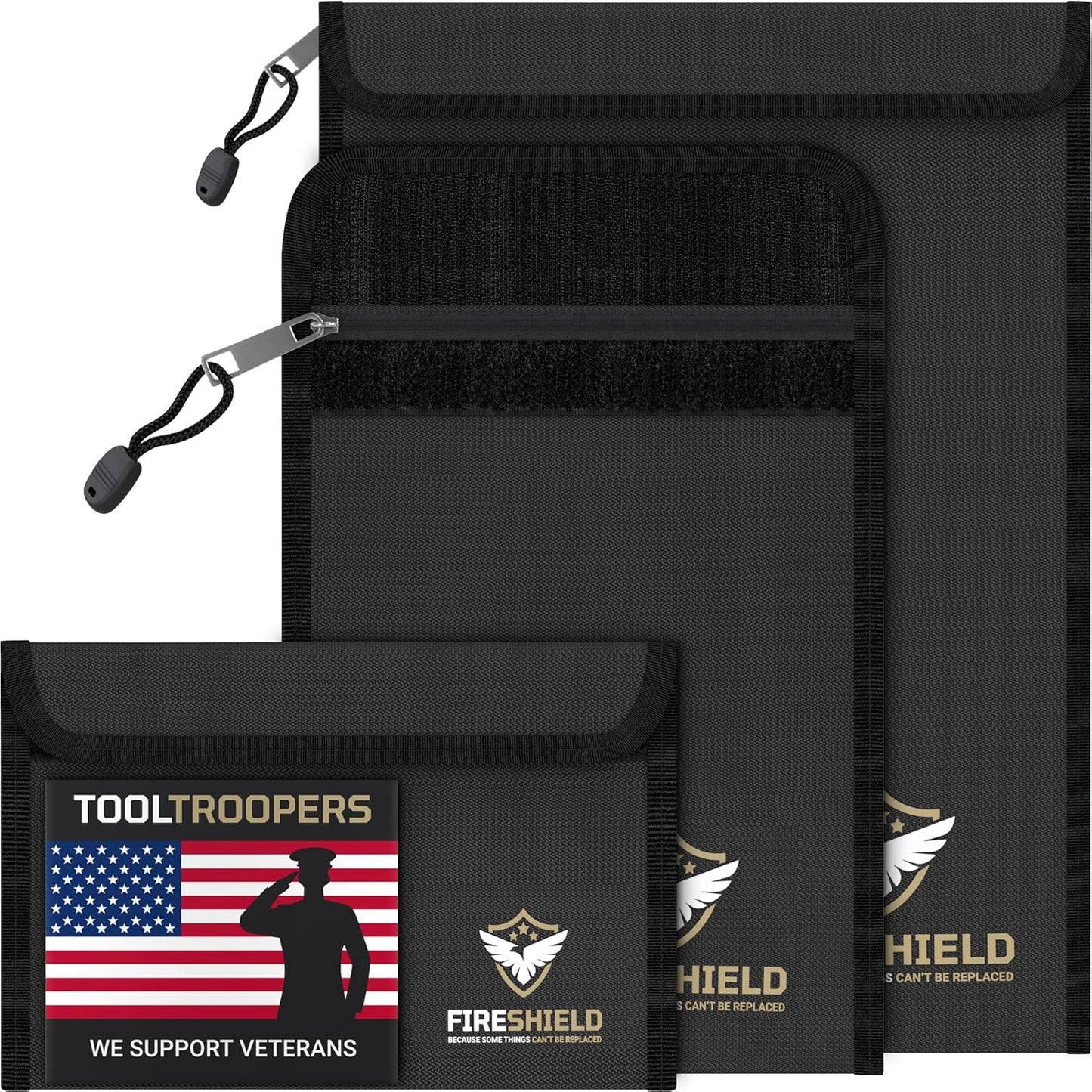 FIRESHIELD PRO Upgraded 2000°F Fireproof Document Bag 3-Pack – Fire & Water Resistant Money Pouch for Cash – Safe Storage for Family Photos, Jewelry, Passport & Important Documents – Size: S, M & L