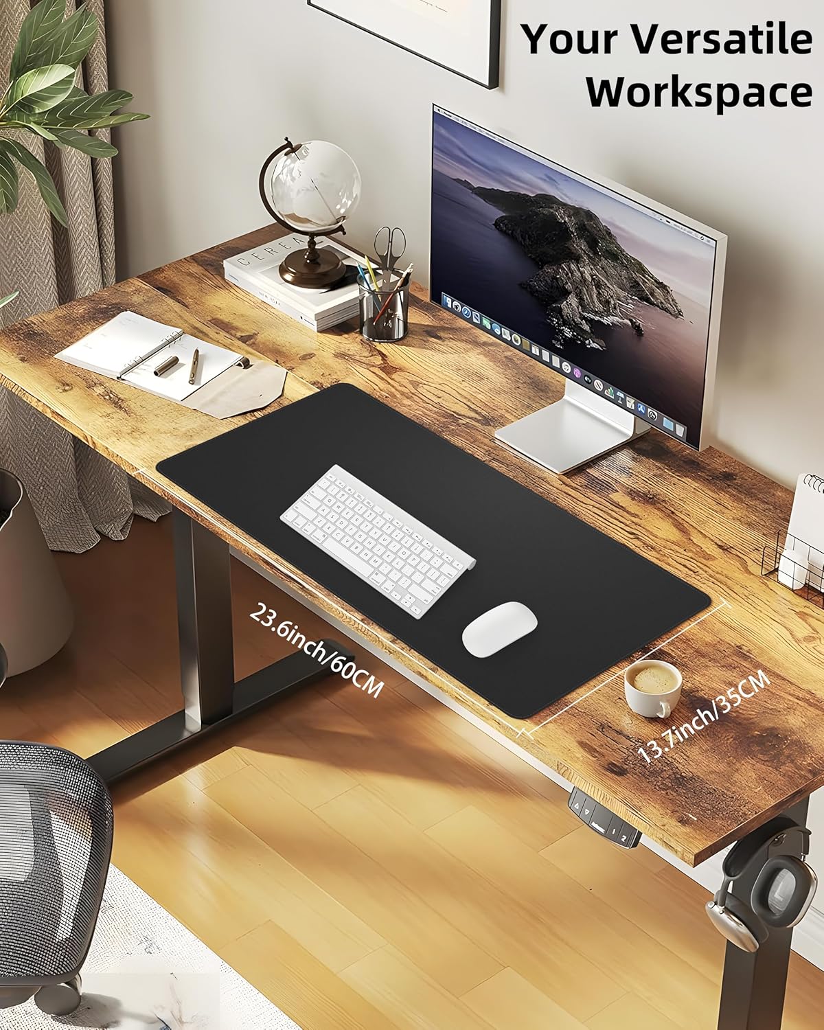 Desk Pad Mat 23.6"x13.7" - Waterproof Mouse Pad & Desk Protector, Non-Slip PU Leather for Gaming Keyboard/Mouse, Stitched Edge XL Office Desk Pad with Ergonomic Support(Black)