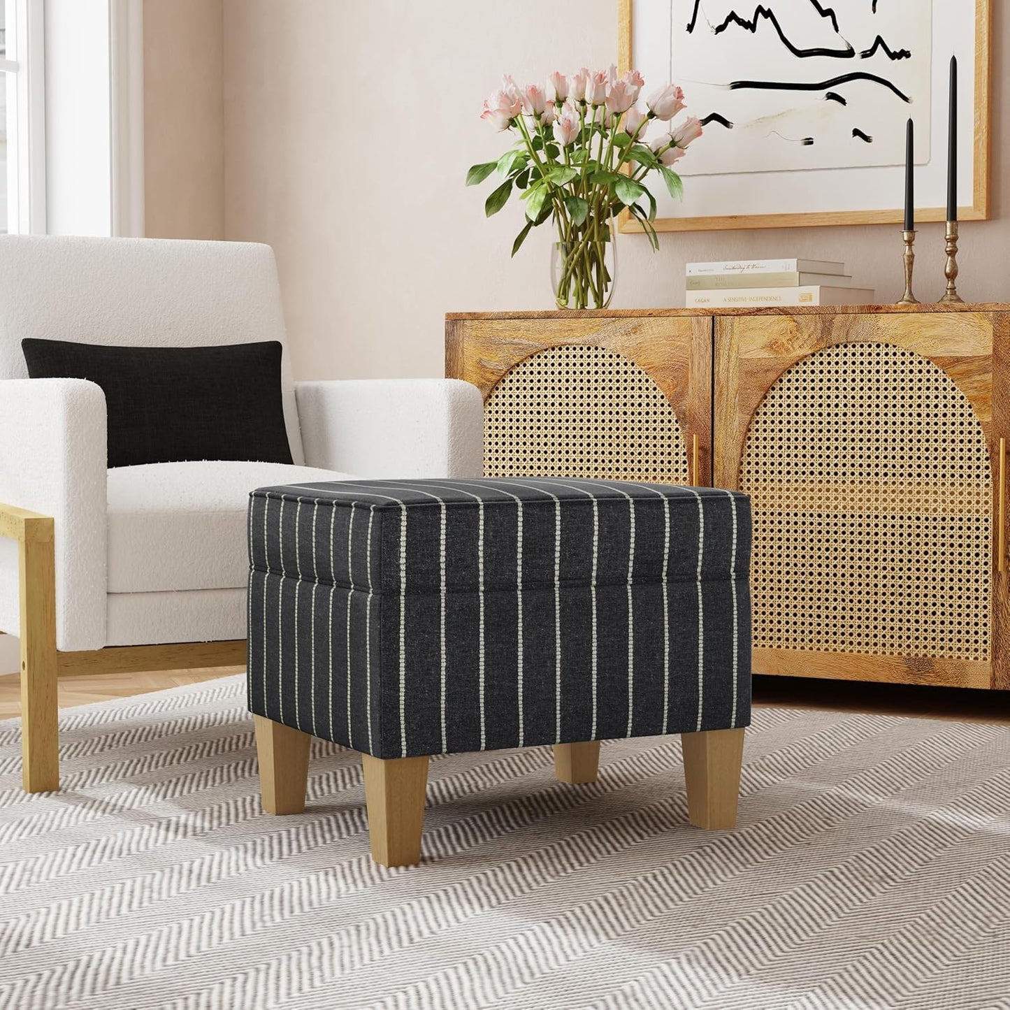 Home Decor | Dinah Collection Modern Storage Ottoman | Ottoman with Storage for Living Room & Bedroom(Black with Boucle Stripe)