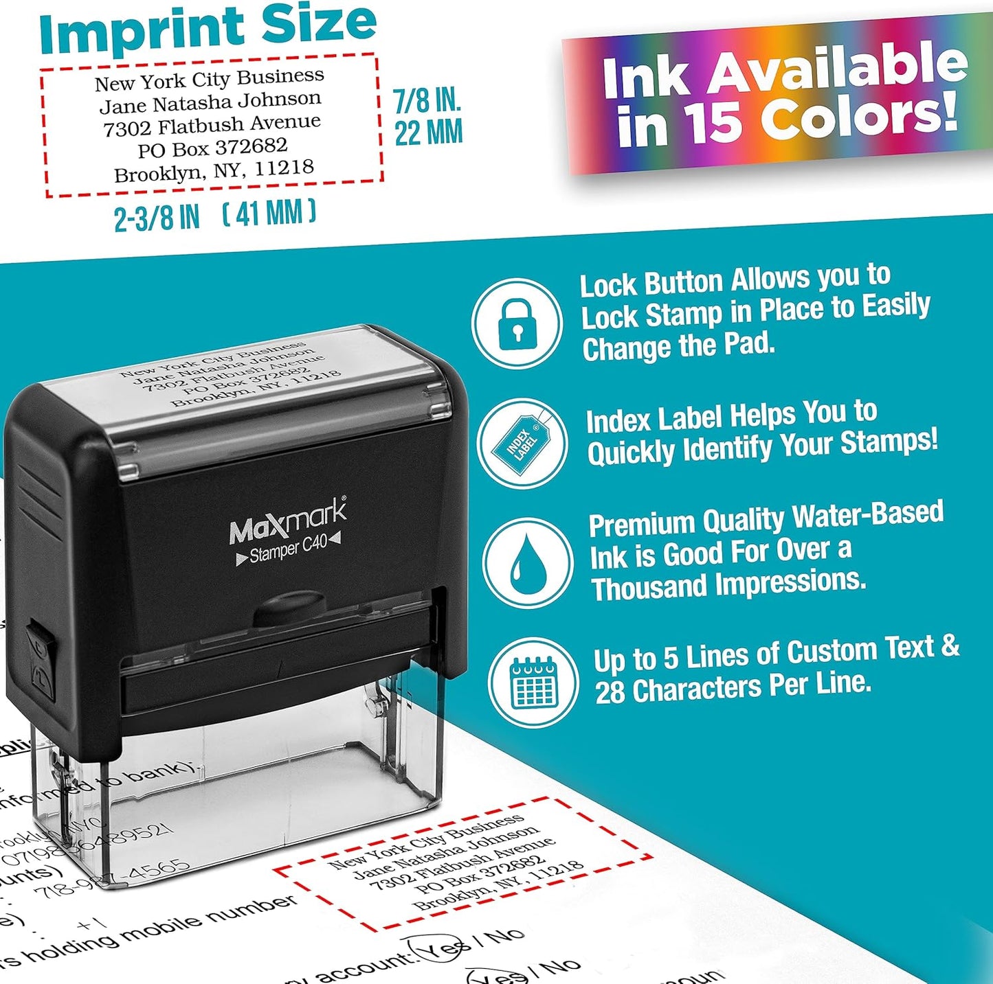 MaxMark Customized Self Inking Stamp - Up to 5 Lines of Text - Large Size - Choose from 15 Ink Colors