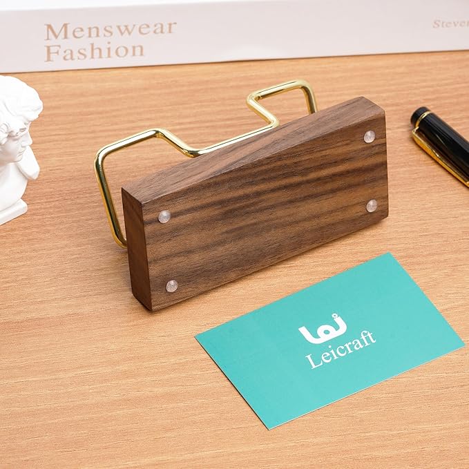 Business Card Holder for Desk, Modern Card Organizers and Office Desk Accessories for Men and Women (Walnut Golden)