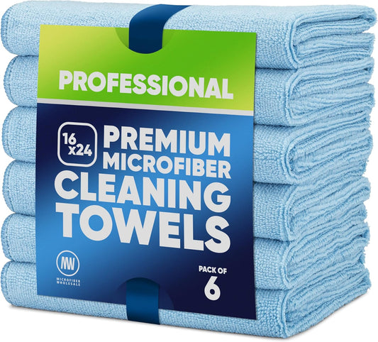 Microfiber Wholesale 16" x 24" Pro Multi Surface Microfiber Towels | 6 Pack (Blue)