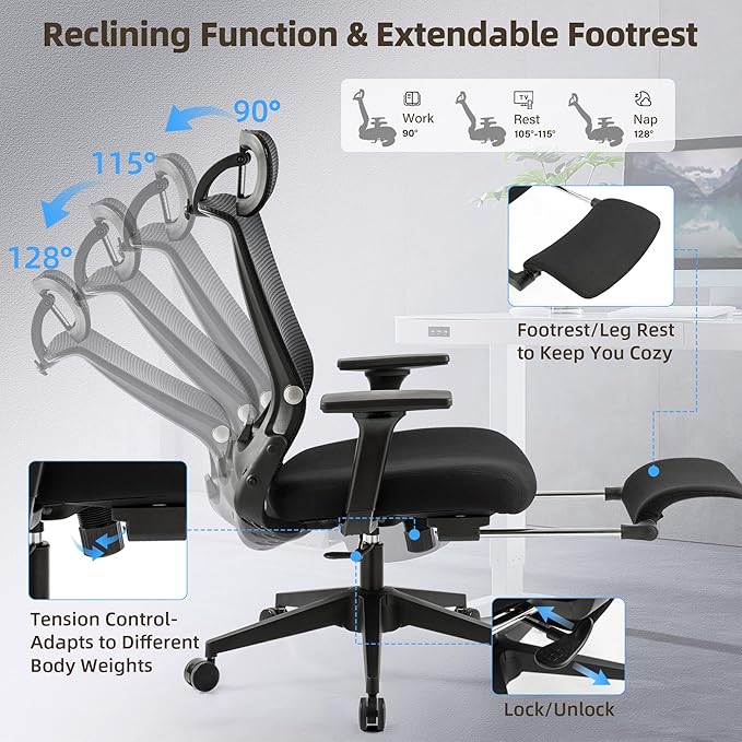 Foldable Office Chair with Foot Rest, Ergonomic Office Chair with Adjustable Lumbar Support, Headrest, Armrest, Home Office Desk Chairs for Space Saving, Work from Home, Black