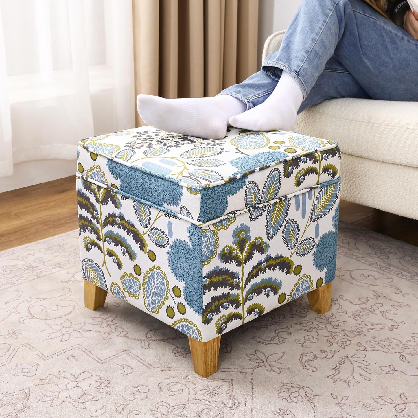Adeco 18 Inch High Cube Ottoman Storage, Linen Chair Foot Stools, Upholstered Vanity Stool with Hinged Lid, Solid Wood Legs (Blue Leaves)