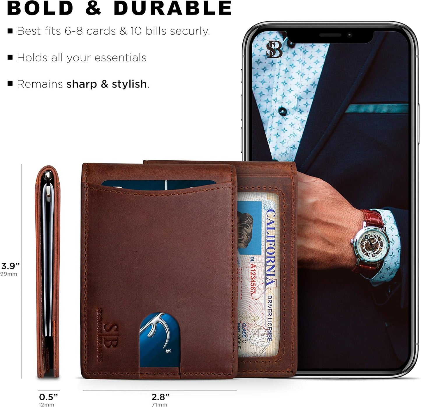 SERMAN BRANDS RFID Blocking Slim Bifold Genuine Leather Minimalist Front Pocket Wallets for Men with Money Clip Thin Gift