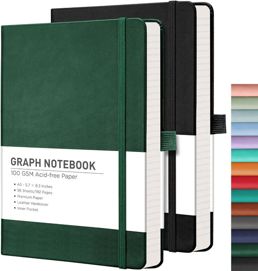 RETTACY Graph Grid Paper Notebook, 2-Pack, 192 Pages per Pack, A5 Medium Size (5.7'' x 8.3''), Leather Hardcover, 100 GSM Thick Paper, for School, Students, Math, Engineering (Black & Dark Green)