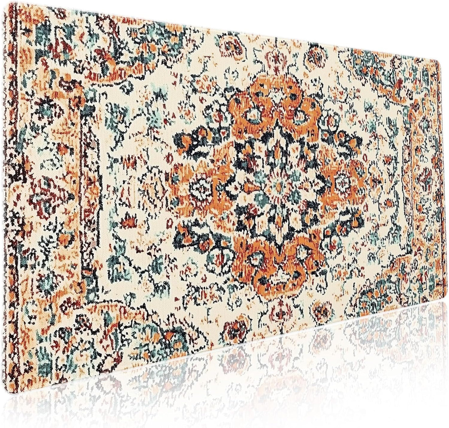 Vintage Rug Gaming Mouse Pad XXL Orange Teal Retro Carpet Aesthetic Extended Large Mat Bohemian Boho Mousepad Desk Pad Non-Slip Rubber Base Stitched Edge Flower Keyboard Pad for Computer,35.4x15.7 in